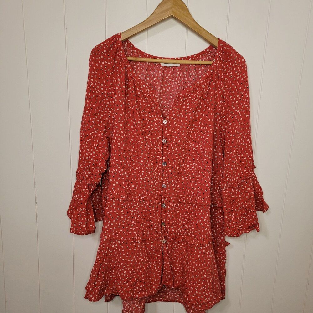 Beachlunchlounge Women's Top Womens Size Large Red Floral Tiered Peasant